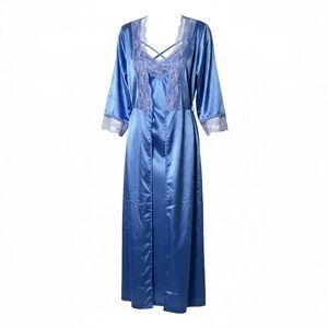 Amoureuse Satin Robe Nightgown Set Blue Lace Maxi Slip Dress Lingerie 14/16 M